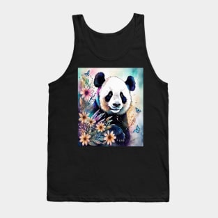 Fantasy, Watercolor, Panda Bear With Flowers and Butterflie Tank Top